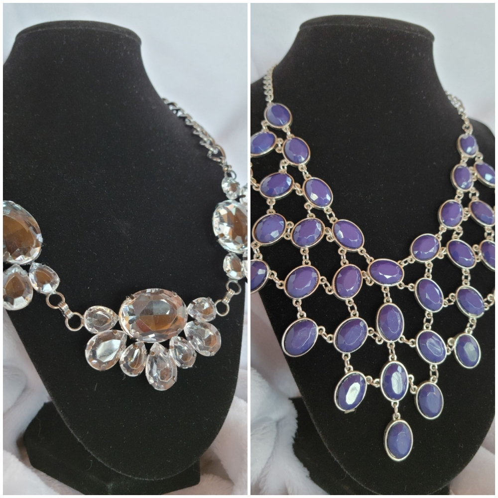 2 Bib Necklaces Blue & Crystal